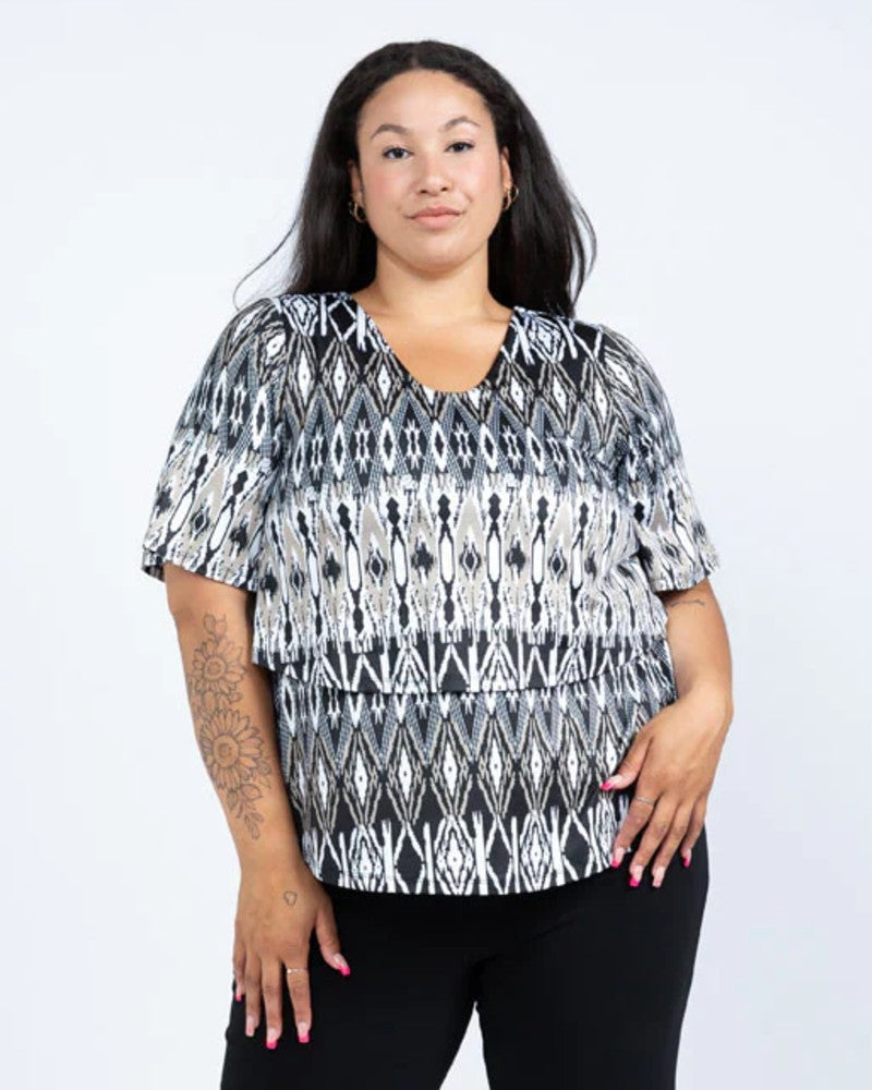 Aztec Lillie Short Sleeve Layered Top - Black LABB