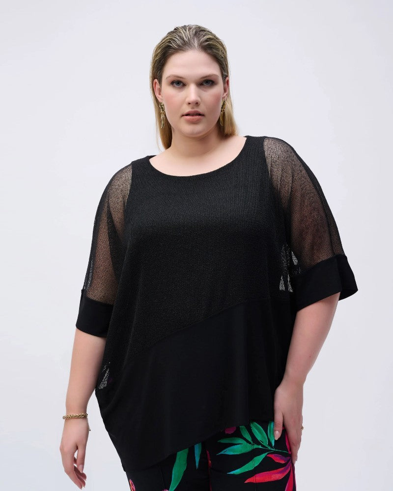 Mesh And Silky Knit Cocoon Black Top - Joseph Ribkoff
