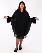 Silky Knit & Chiffon Layered Dress with Fringe Detail black - Joseph Ribkoff