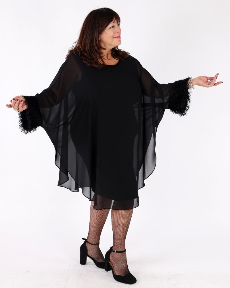 Silky Knit & Chiffon Layered Dress with Fringe Detail black - Joseph Ribkoff