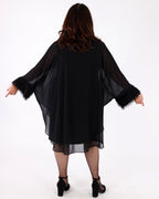 Silky Knit & Chiffon Layered Dress with Fringe Detail black - Joseph Ribkoff