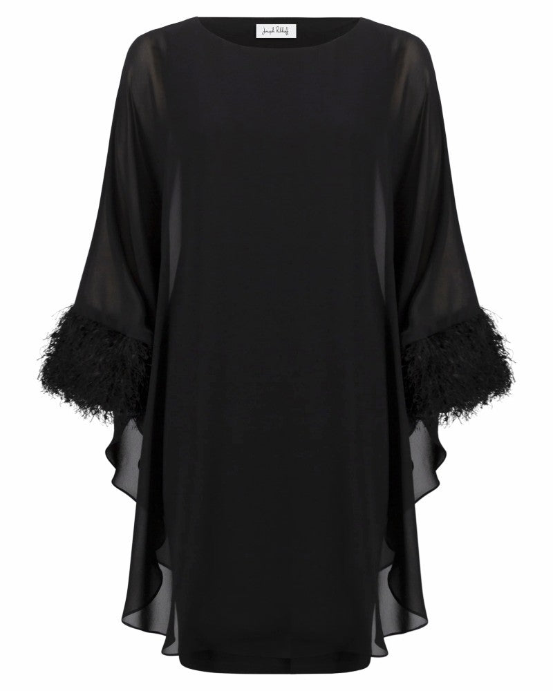 Silky Knit & Chiffon Layered Dress with Fringe Detail black - Joseph Ribkoff