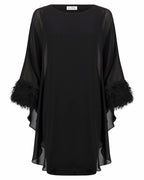 Silky Knit & Chiffon Layered Dress with Fringe Detail black - Joseph Ribkoff