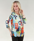 3/4 Sleeve Top with Side Slit in Navy and Orange Abstract Ity Print – Michael Tyler