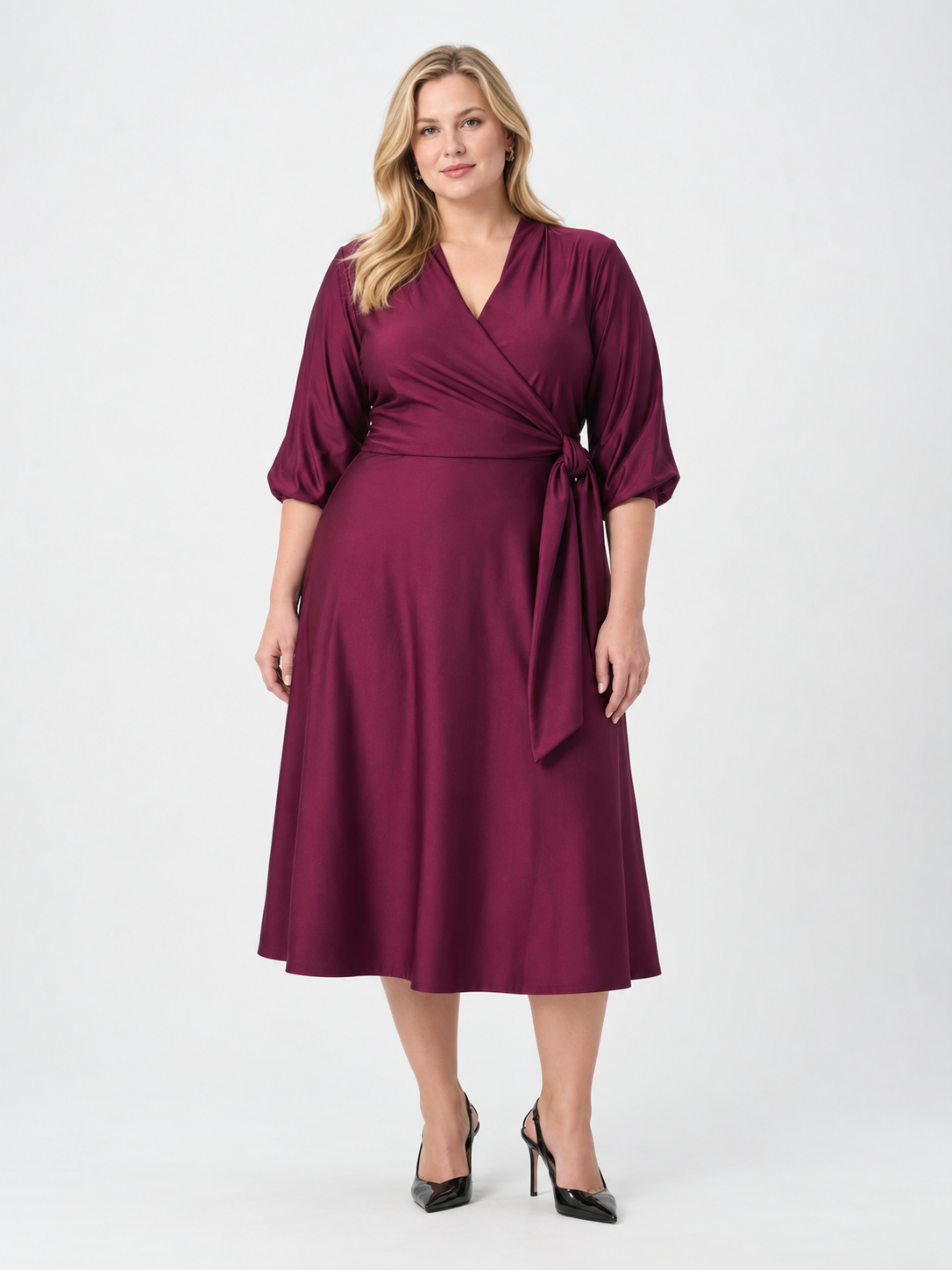 Robe bourgogne cache-cœur fluide en tricot satiné - Joseph Ribkoff