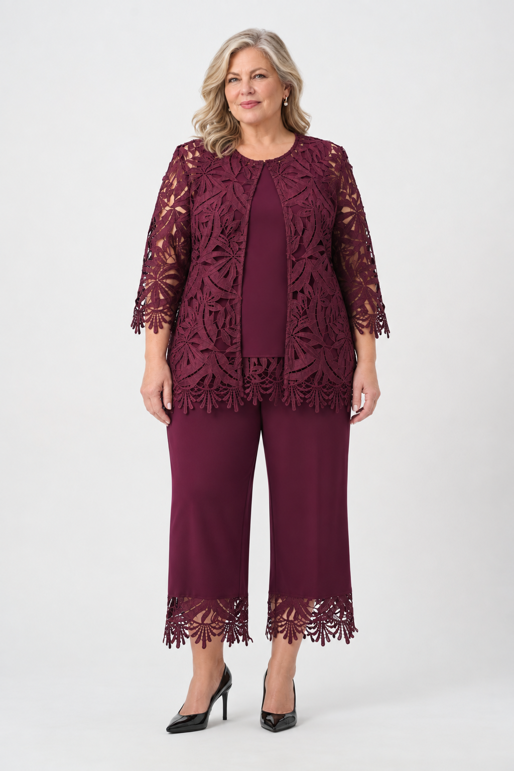 Veste droite en dentelle guipure Bourgogne  - Joseph Ribkoff