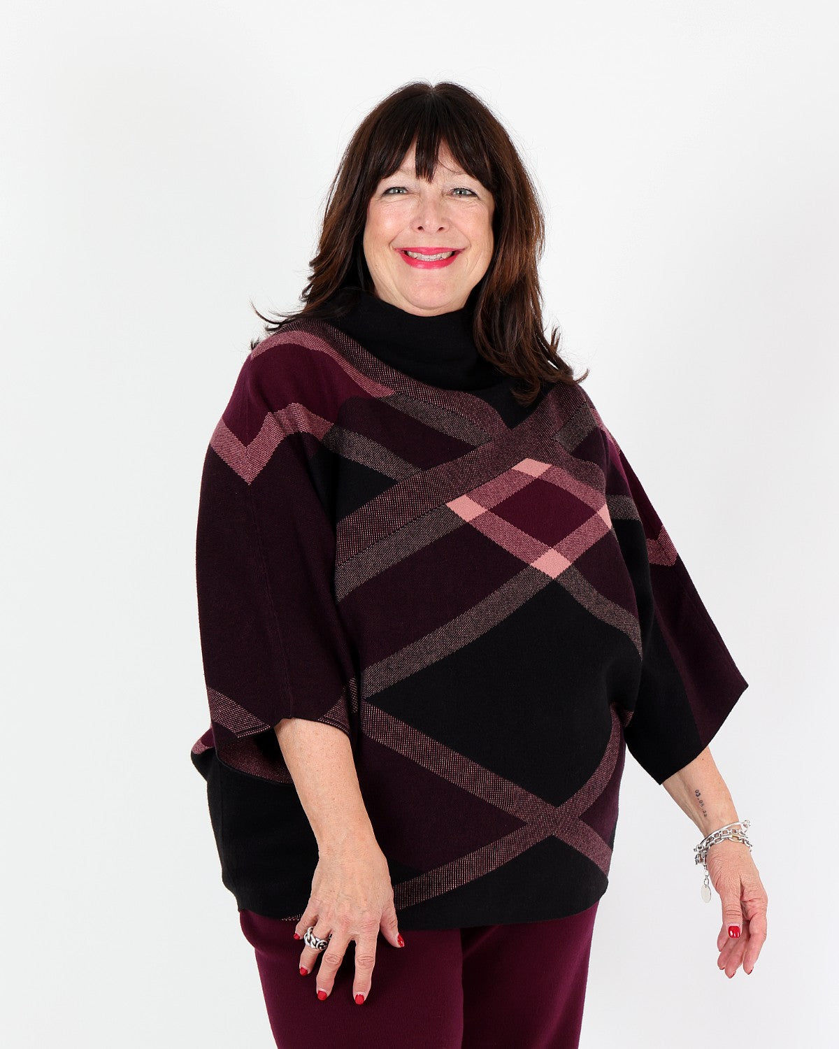 Brushed plaid burgundy knit with mock neck - Joseph Ribkoff