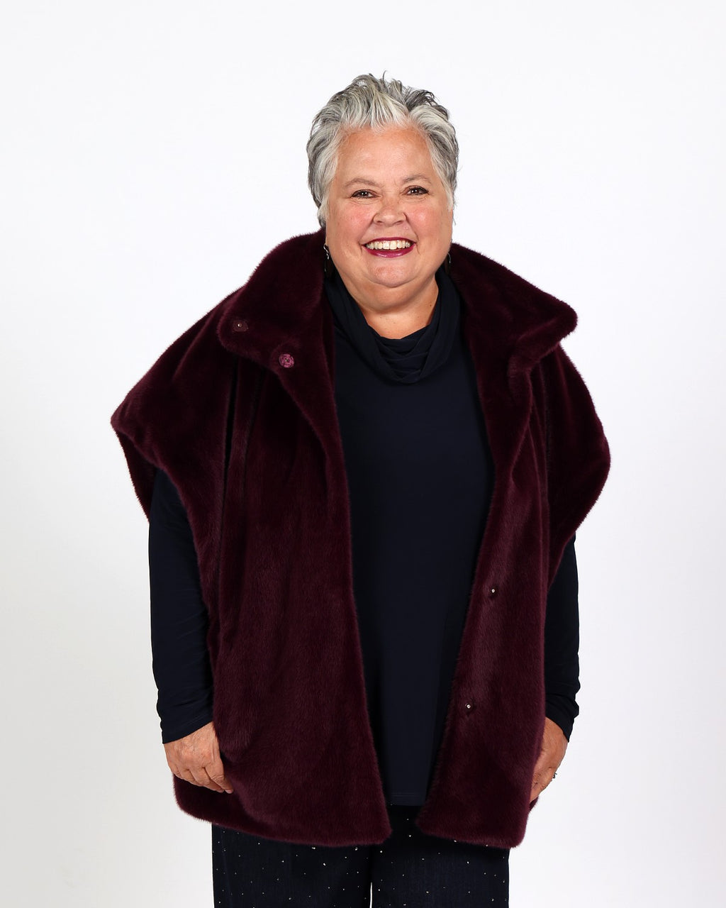 Burgundy boxy faux fur jacket with stand-up collar - Joseph Ribkoff