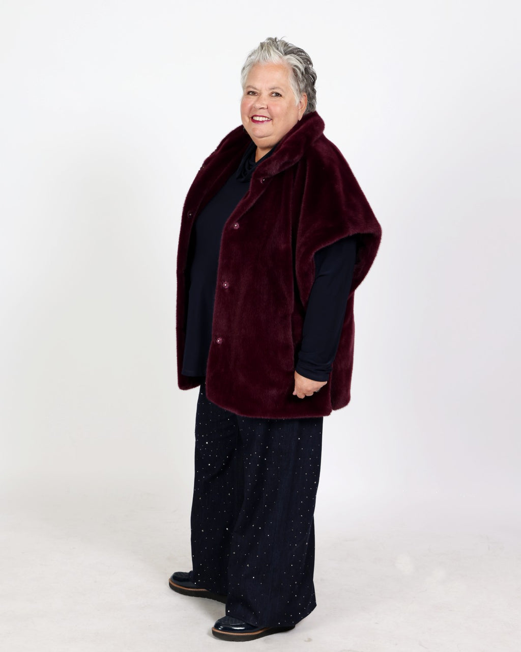 Burgundy boxy faux fur jacket with stand-up collar - Joseph Ribkoff