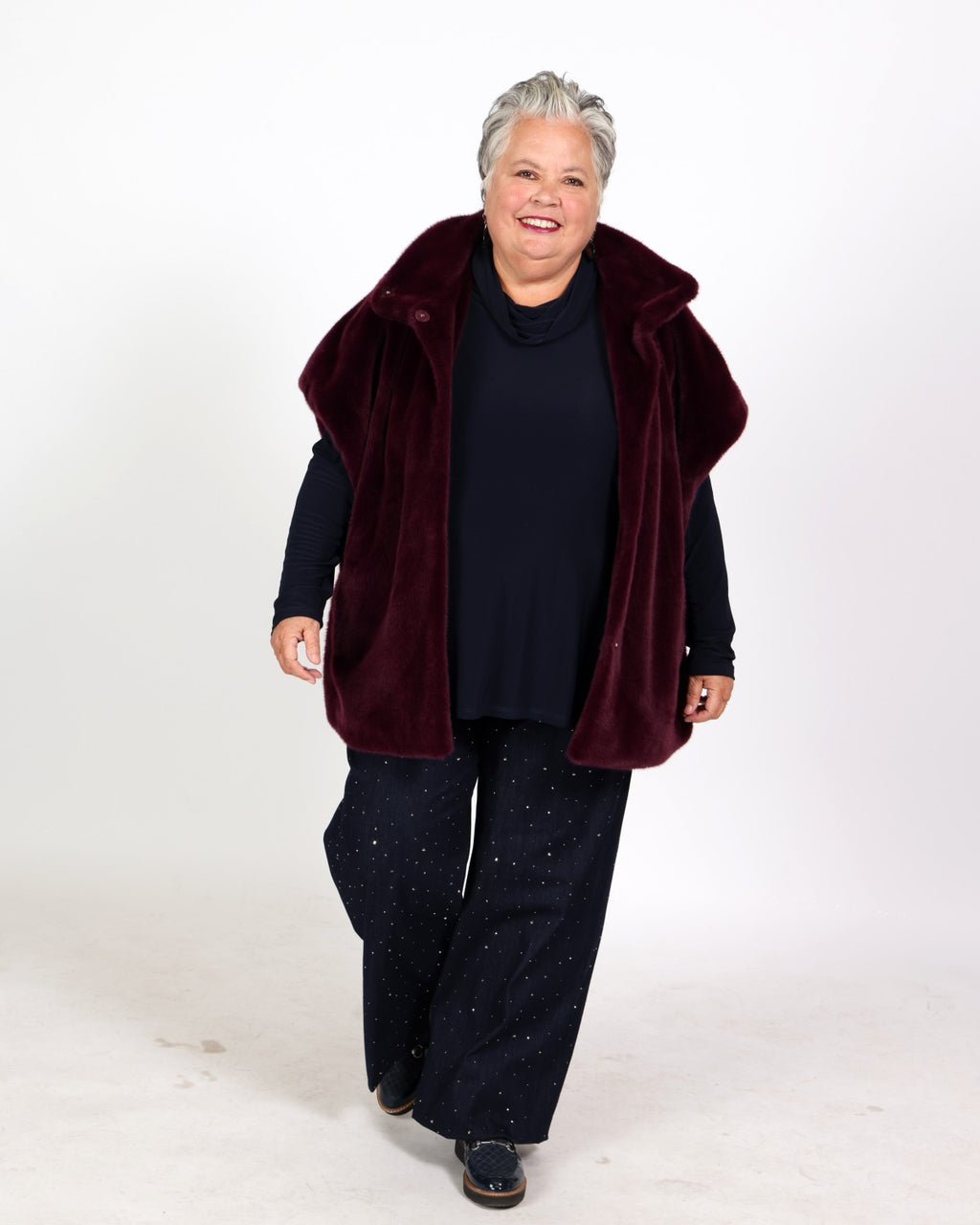 Burgundy boxy faux fur jacket with stand-up collar - Joseph Ribkoff