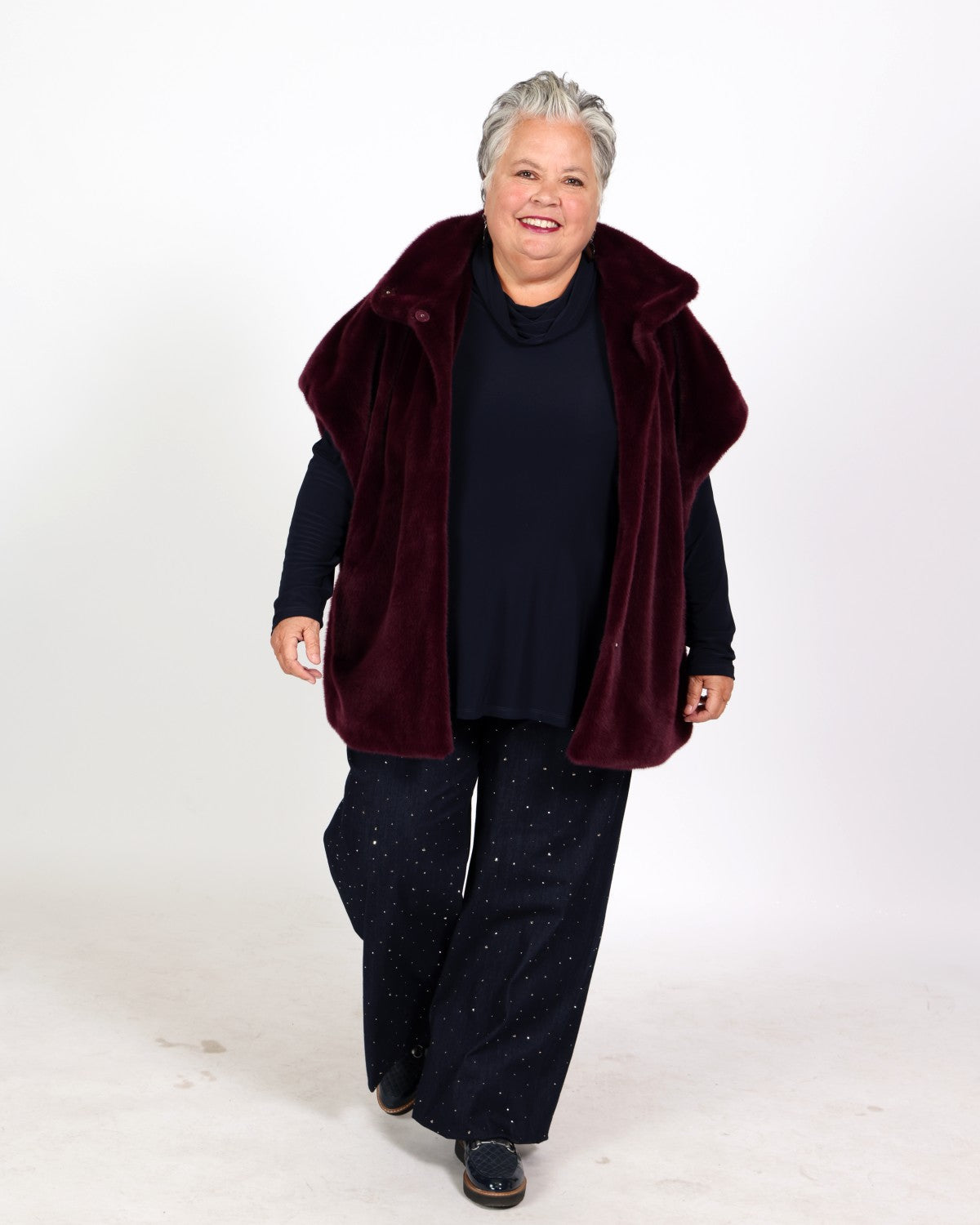 Burgundy boxy faux fur jacket with stand-up collar - Joseph Ribkoff