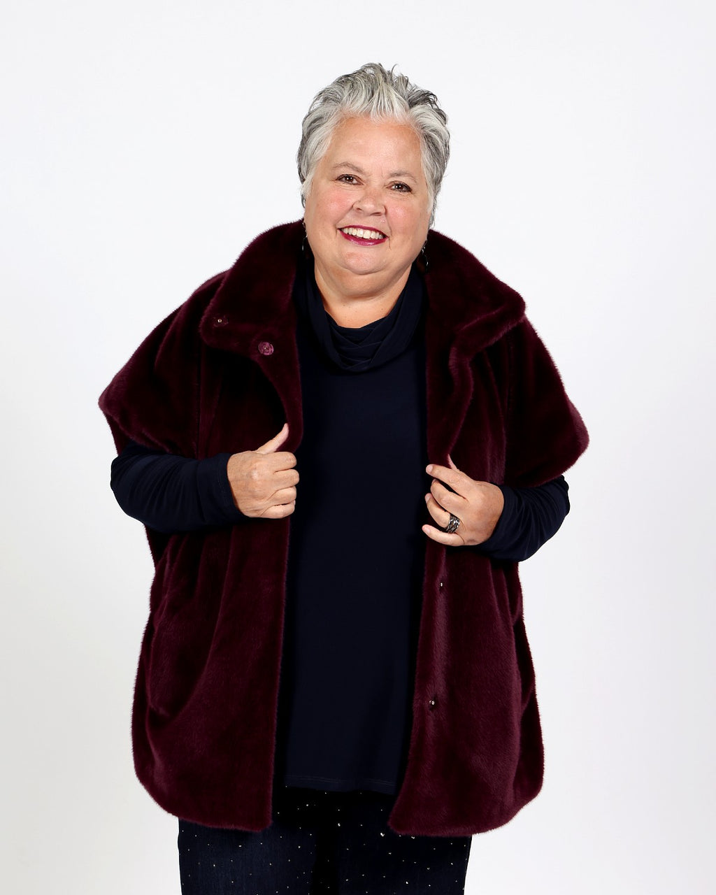 Burgundy boxy faux fur jacket with stand-up collar - Joseph Ribkoff
