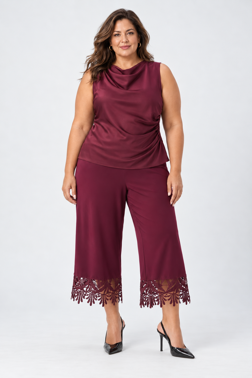 Pantalon-culotte bourgogne à ourlet dentelle - Joseph Ribkoff